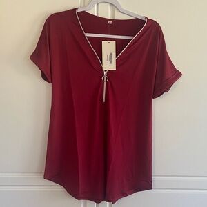 Women's Burgundy V-Neck Zip-Accent Top
